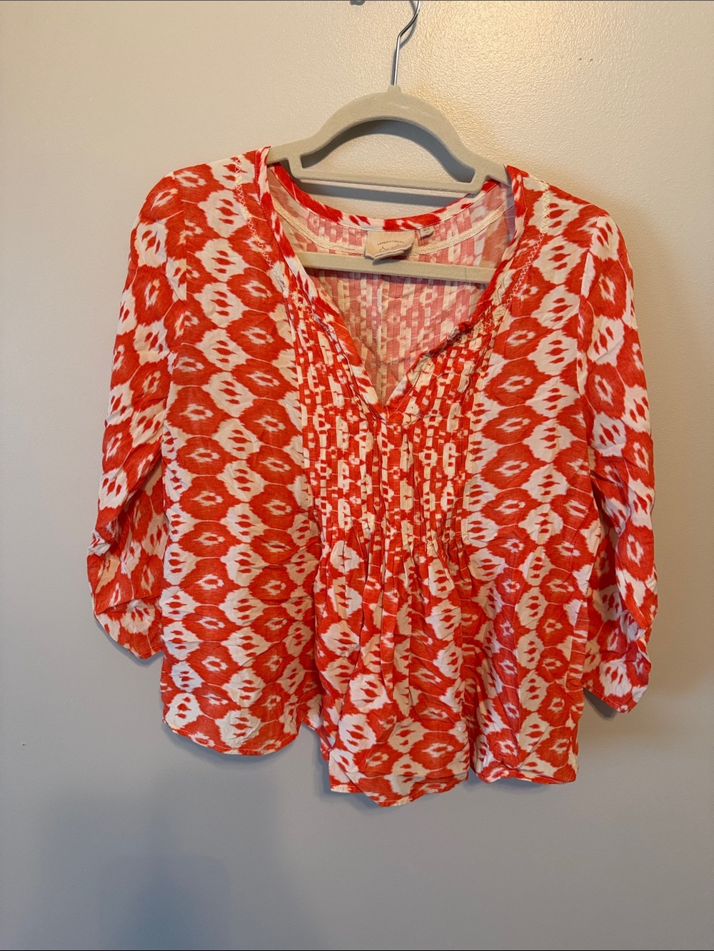 Vanessa Virginia Anthropologie Bright Coral Patterned V-Neck Blouse